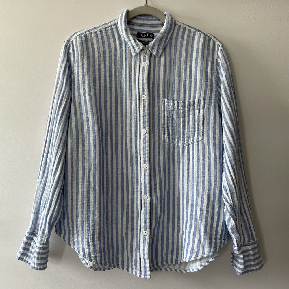 J.Crew Button Front Striped Long Sleeve Shirt Blue White Women's Size 12-dmpv